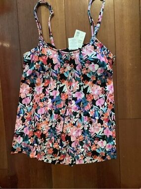 Swim Solutions Black Multi-colored Tankini top with Pink & Coral Blooms size 10